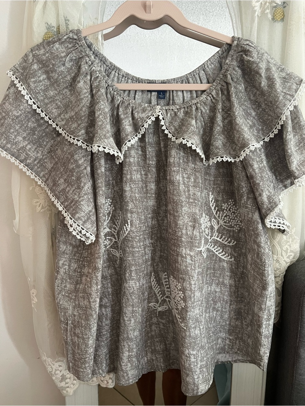 Democracy Gray Off-Shoulder Ruffled Tunic with White Embroidery